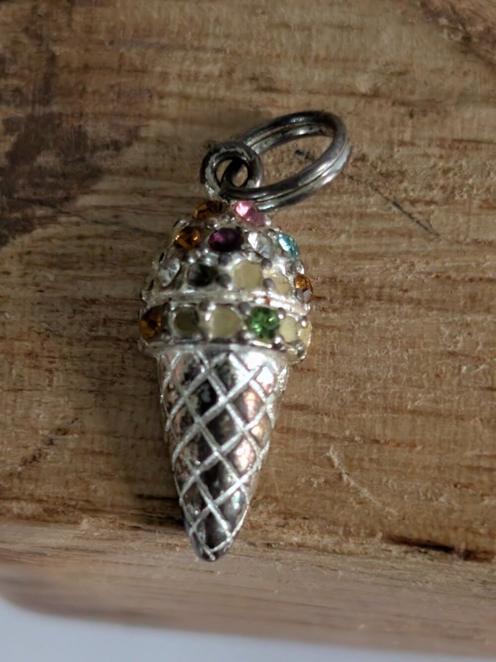 Vintage Sterling Silver Rhinestone Ice Cream Cone Charm for Bracelet Collectible